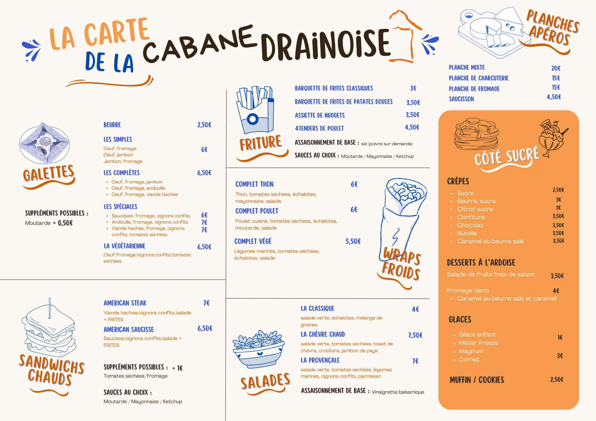 Carte des plats - guinguette La Cabane Drainoise à Drain