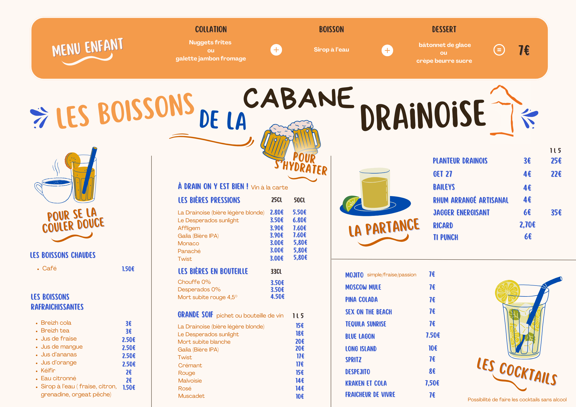 Carte des boissons - cocktails et boissons locales à Drain